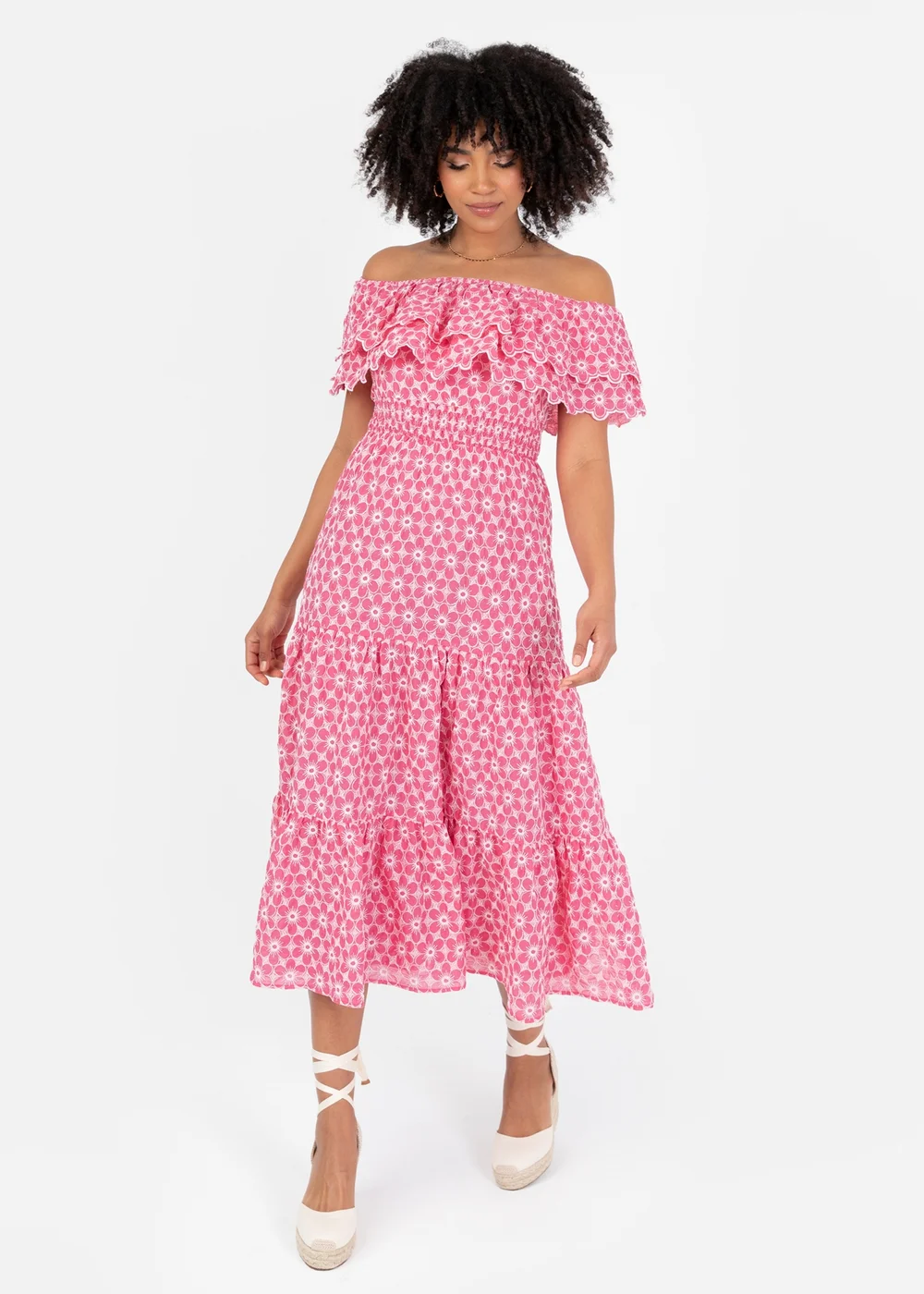 Lovedrobe Floral Embroidery Bardot Neck Pink Midi Dress - 16 Lovedrobe Floral Embroidery Bardot Neck Pink Midi Dress - 16