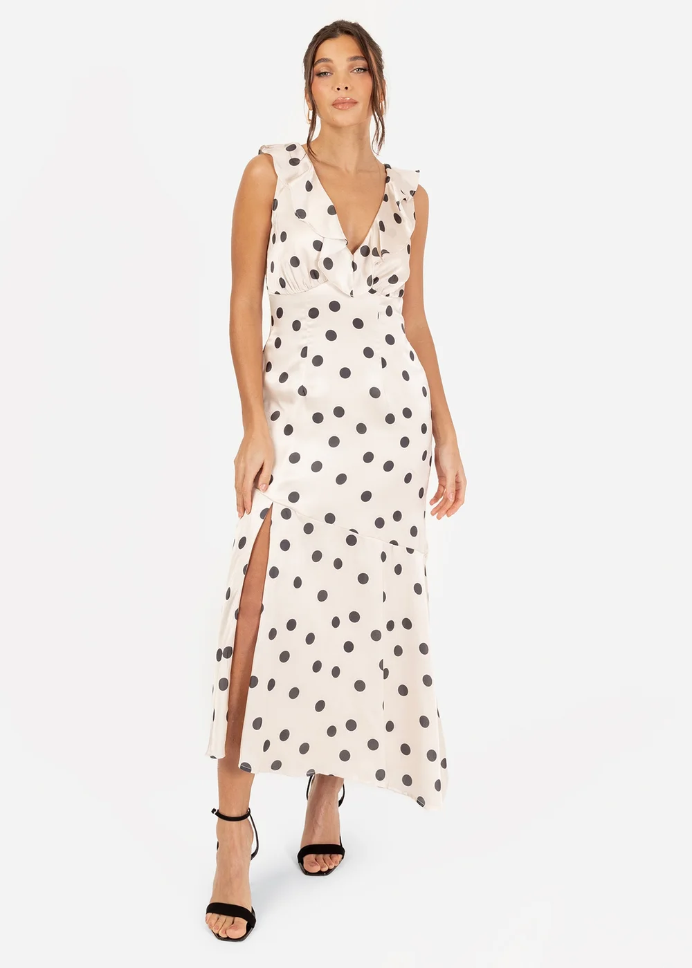 Anaya With Love White Satin Polka Dot Asymmetric Midi Dress - 16 Anaya With Love White Satin Polka Dot Asymmetric Midi Dress - 16