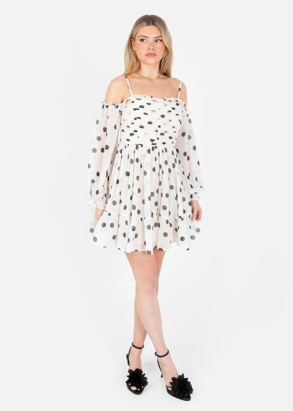 Anaya With Love Cream Polka Dot Bardot Long Sleeve Mini Dress - 12 | Matalan Anaya With Love Cream Polka Dot Bardot Long Sleeve Mini Dress - 12 | Matalan