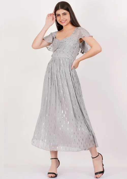 Gini London Silver Jacquard Metallic Angel Sleeves Midi Dress - 8 Image 1