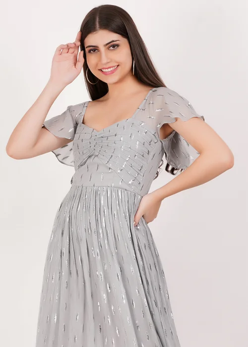 Gini London Silver Jacquard Metallic Angel Sleeves Midi Dress - 8 Image 3