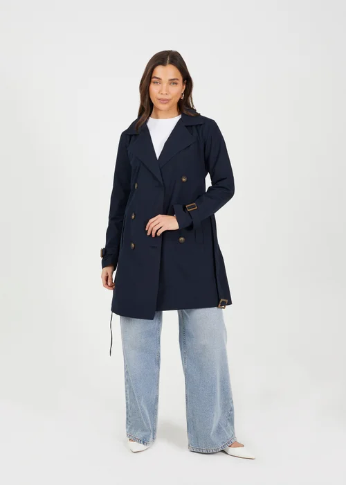 Brave Soul Navy Double Breasted Belted Trench Coat - 10 Image 4
