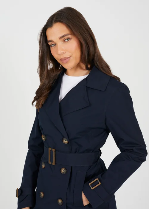 Brave Soul Navy Double Breasted Belted Trench Coat - 10 Image 3