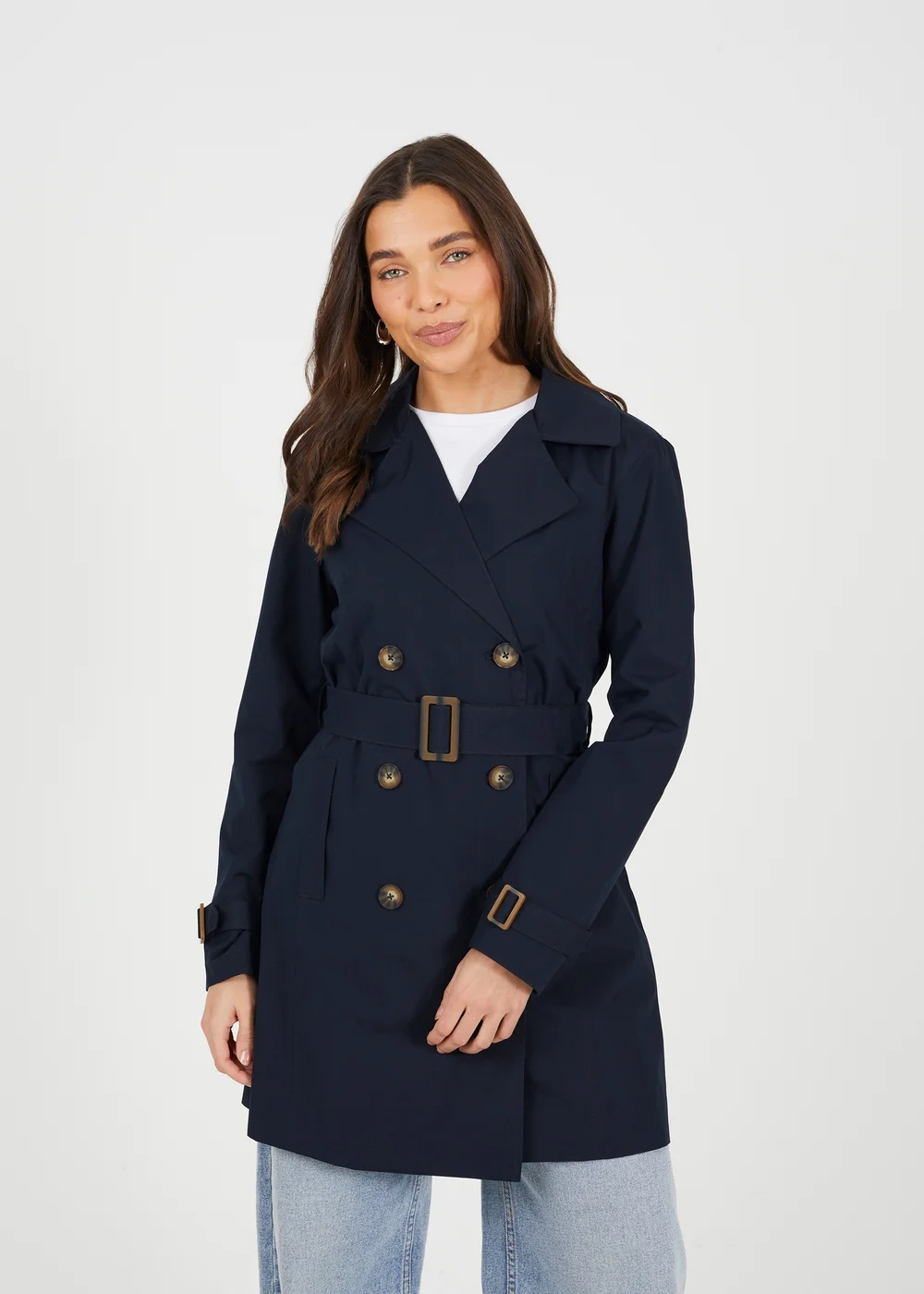 Brave Soul Navy Double Breasted Belted Trench Coat - 10 Image 1