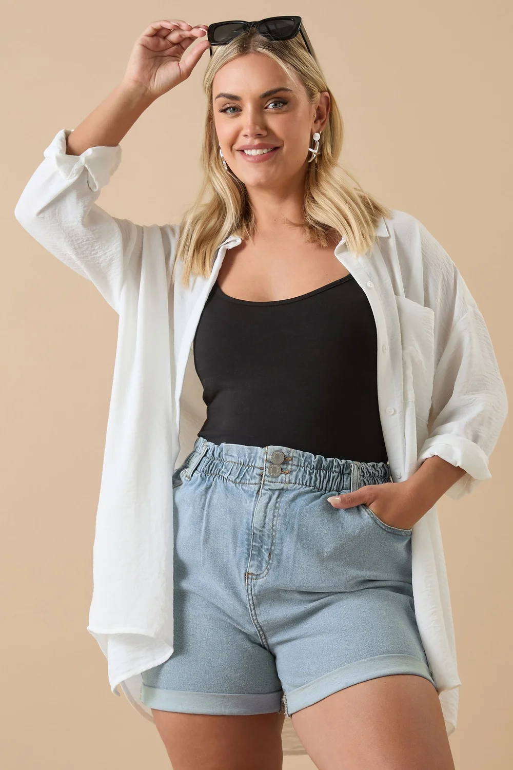 Yours Curve Light Blue Elasticated Waist Turn Up Denim Shorts - 14 Image 1