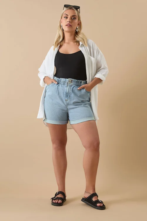 Yours Curve Light Blue Elasticated Waist Turn Up Denim Shorts - 14 Image 2