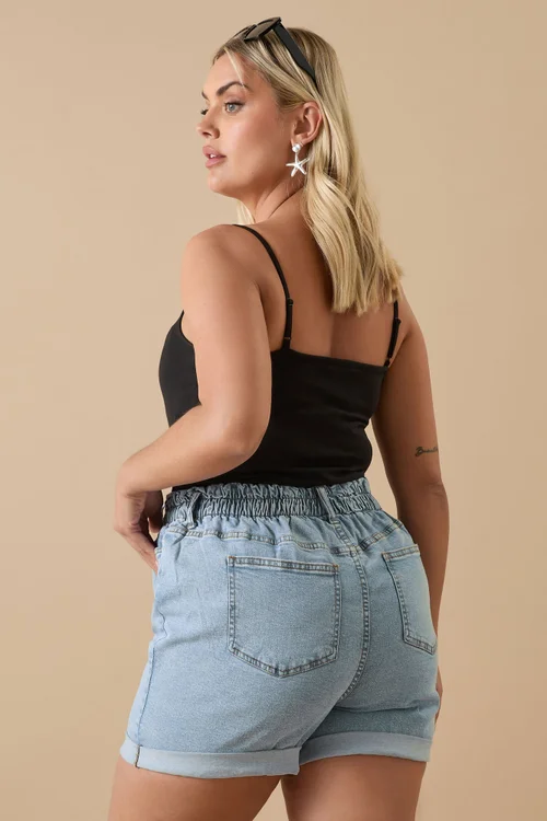 Yours Curve Light Blue Elasticated Waist Turn Up Denim Shorts - 14 Image 3
