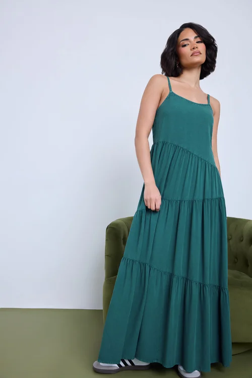 PixieGirl Petite Teal Green Acid Wash Asymmetric Tiered Maxi Dress - 6 Image 2