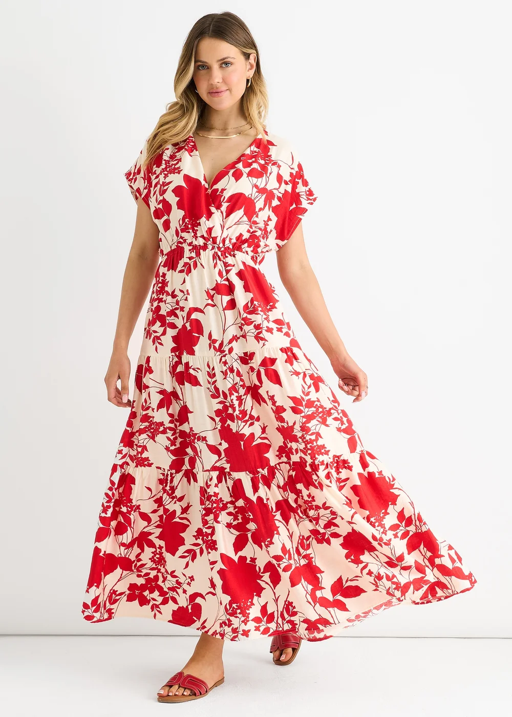 Gini London Red Floral Elastic Waist Maxi Dress - 8 Image 1