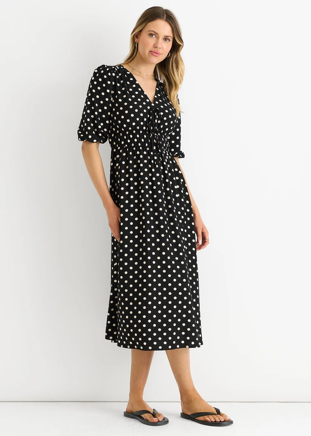 Gini London Black Spot Print Shirred Waist Shift Midi Dress - 8 Image 4