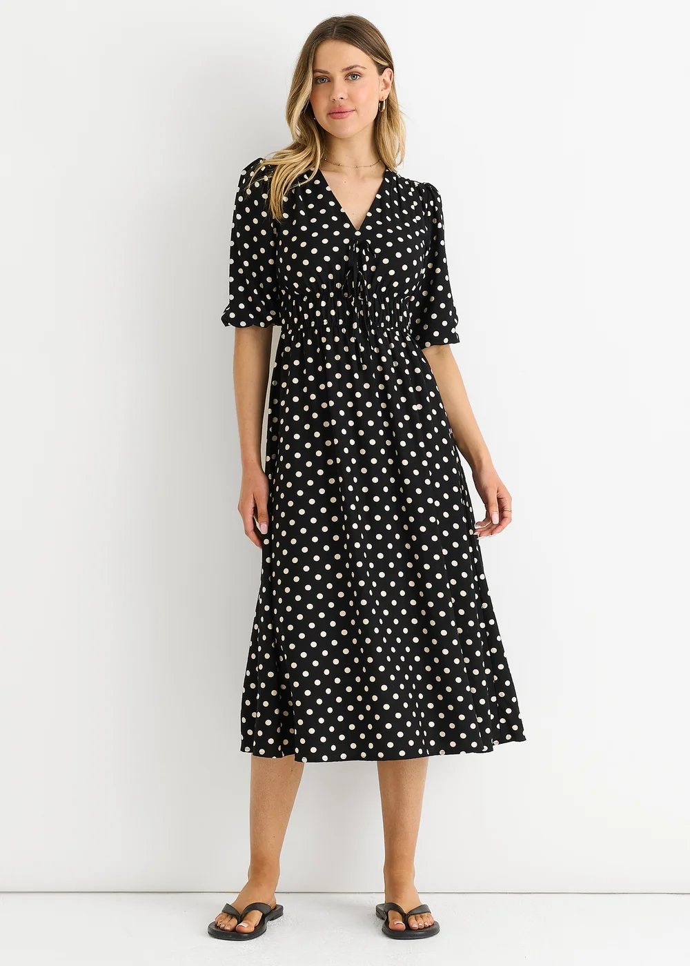 Gini London Black Spot Print Shirred Waist Shift Midi Dress - 8 Image 1