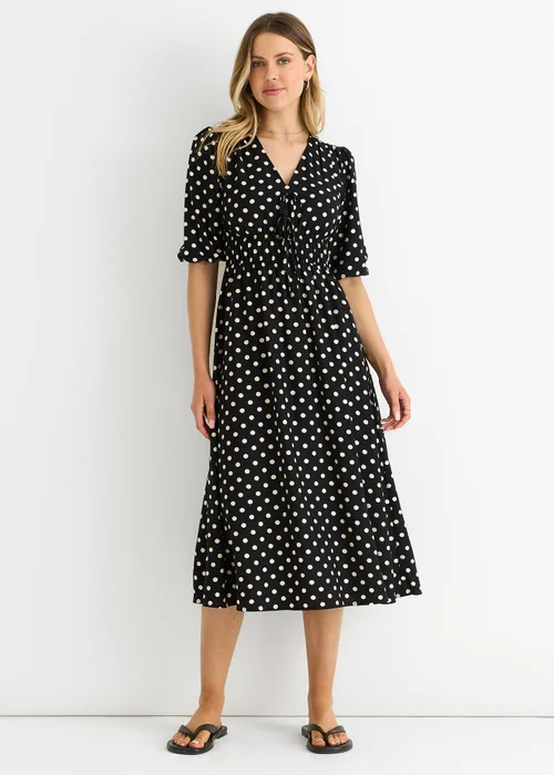 Gini London Black Spot Print Shirred Waist Shift Midi Dress - 8 Image 1