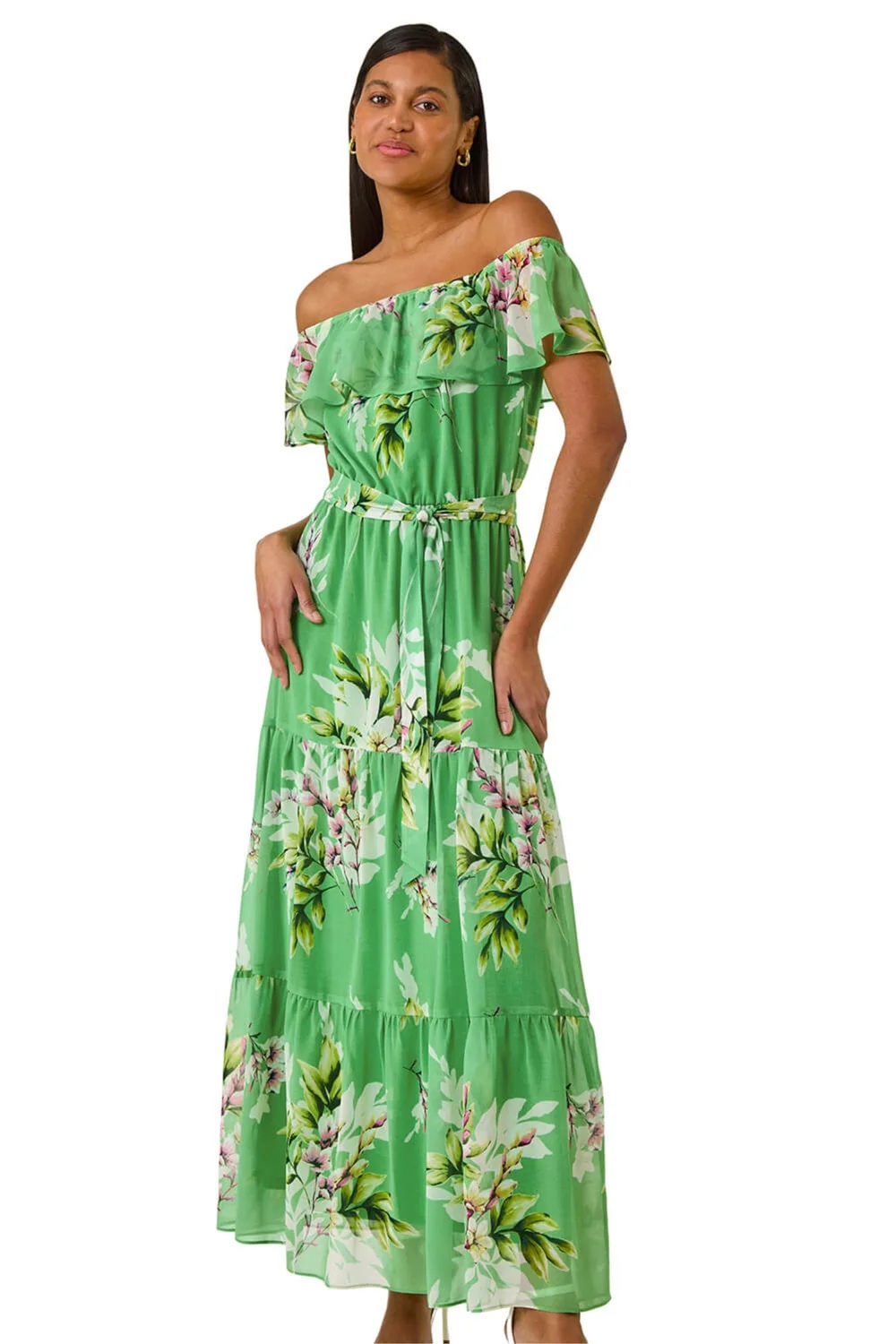 Roman Green Floral Bardot Belted Maxi Dress - 016 Roman Green Floral Bardot Belted Maxi Dress - 016