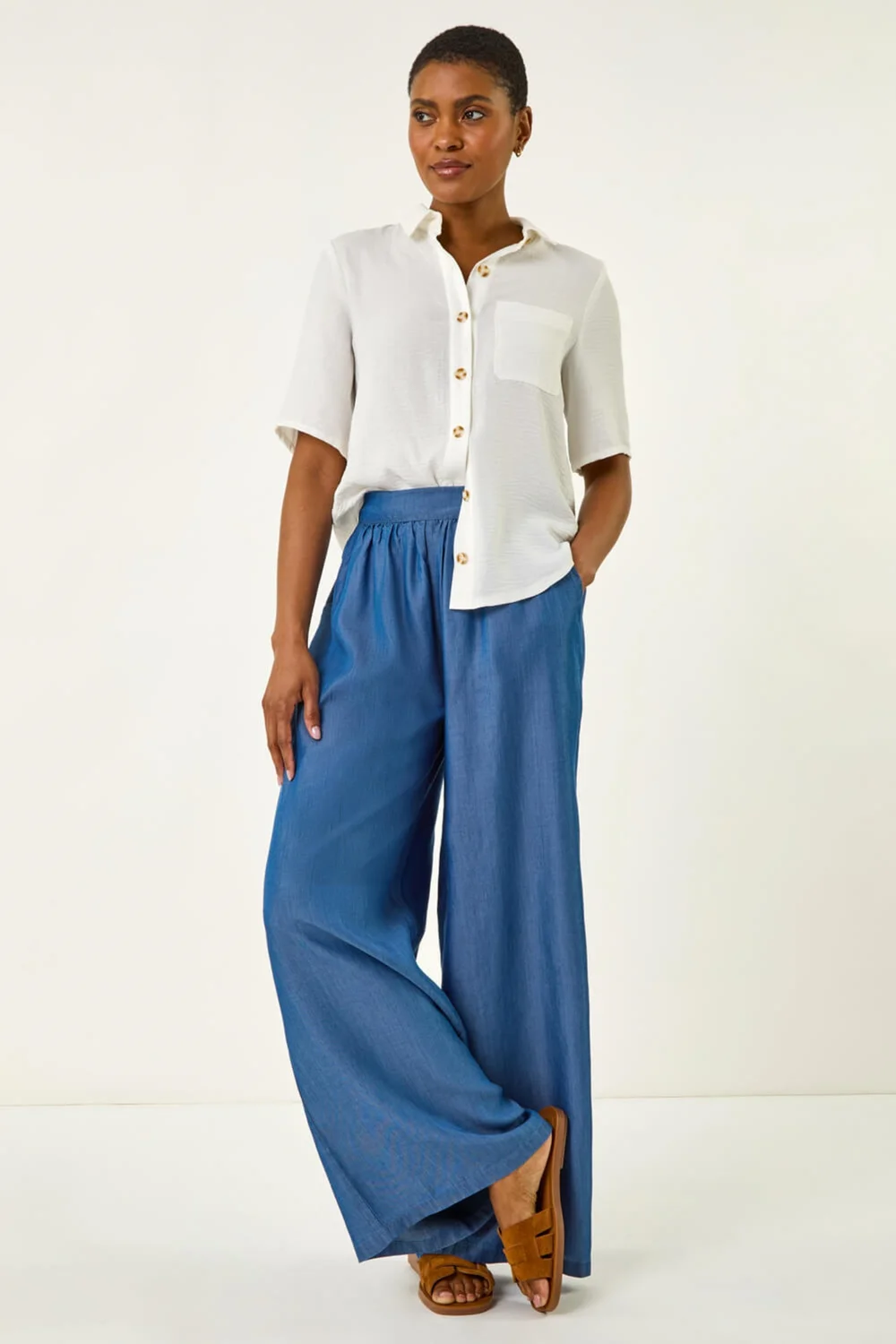 Roman Denim Pleated Full Length Wide Leg Trouser - 16 Image 3