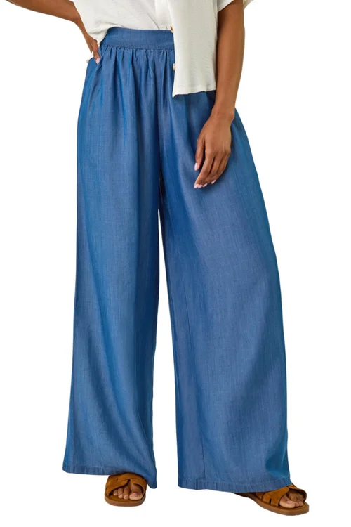 Roman Denim Pleated Full Length Wide Leg Trouser - 16 Image 1