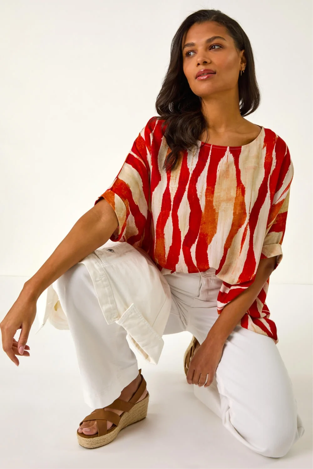 Roman Red Abstract Print Buttoned Tunic Top - 14 Image 2