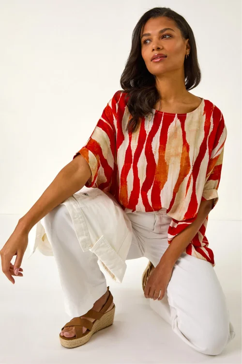 Roman Red Abstract Print Buttoned Tunic Top - 14 Image 2