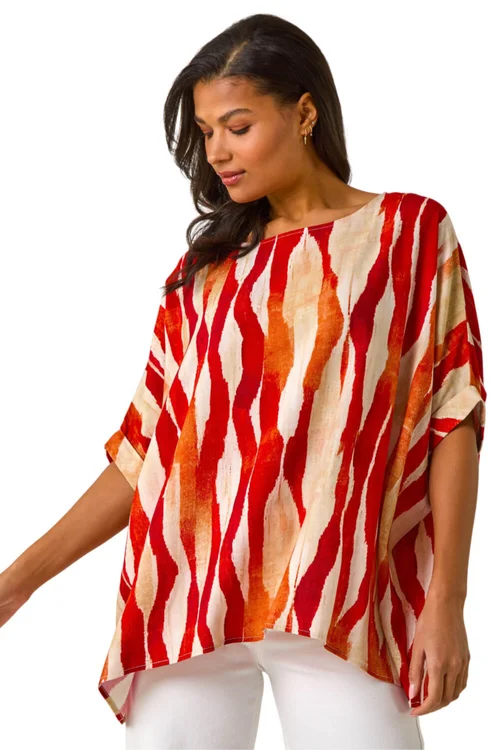 Roman Red Abstract Print Buttoned Tunic Top - 14 Image 1