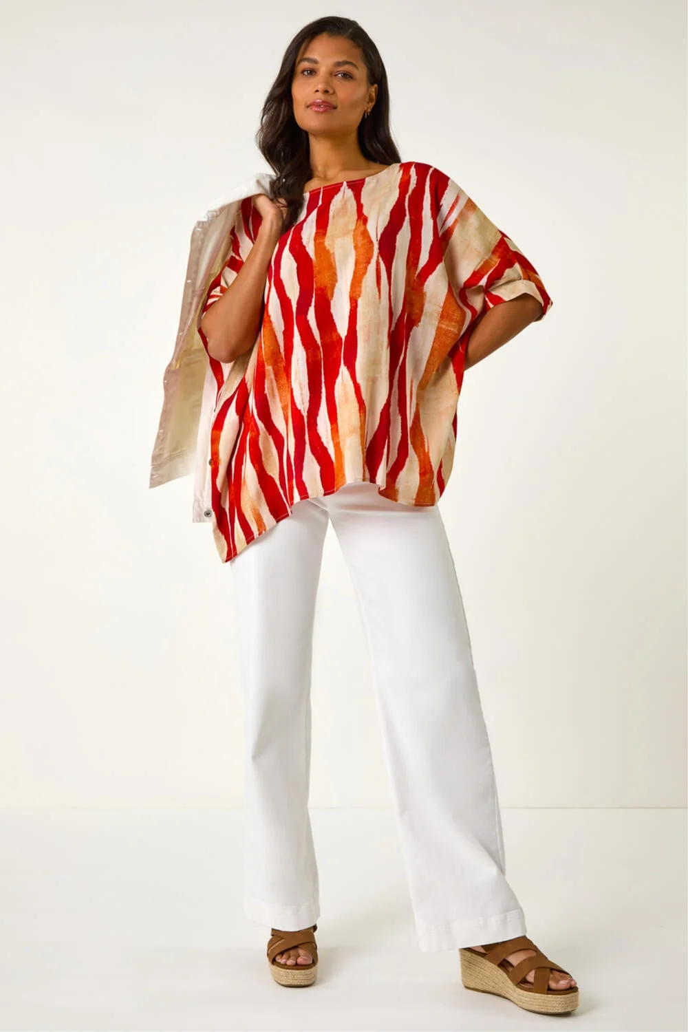 Roman Red Abstract Print Buttoned Tunic Top - 14 Image 3