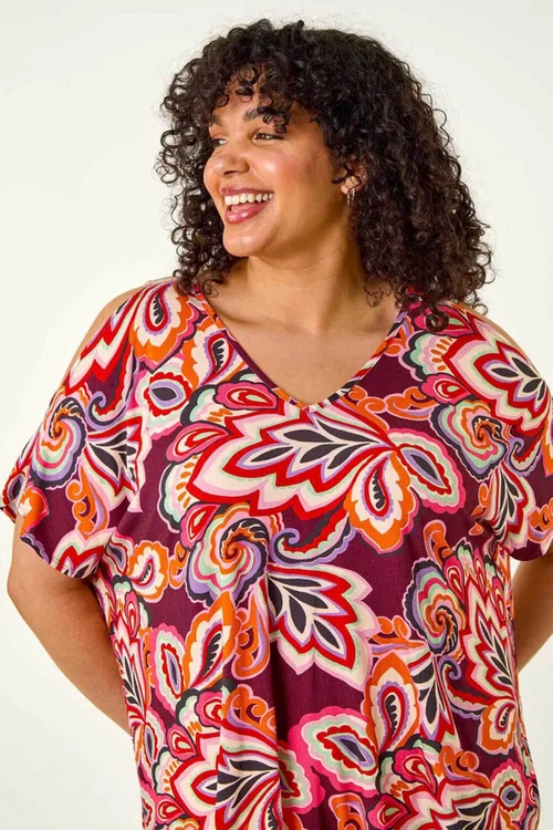 Roman Purple Curve Floral Print Cold Shoulder Top - Size 30-32 Image 4