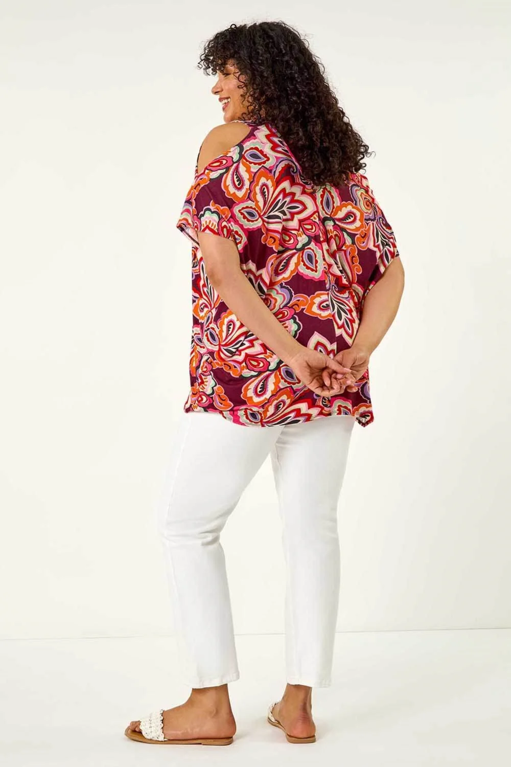 Roman Purple Curve Floral Print Cold Shoulder Top - Size 30-32 Image 3