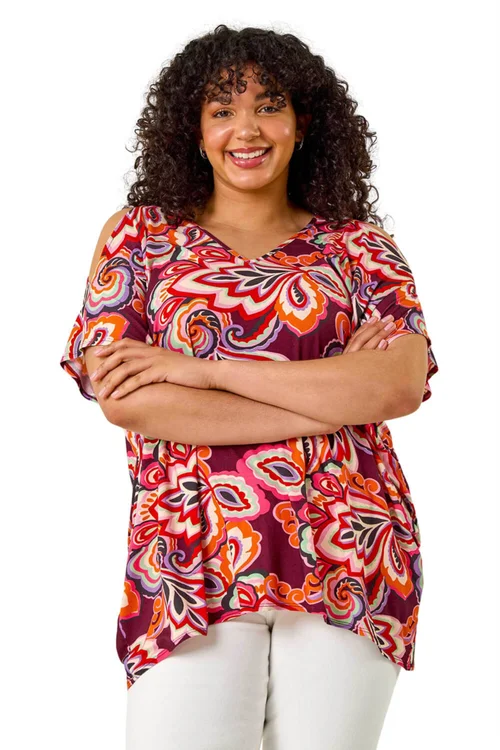 Roman Purple Curve Floral Print Cold Shoulder Top - Size 30-32 Image 1