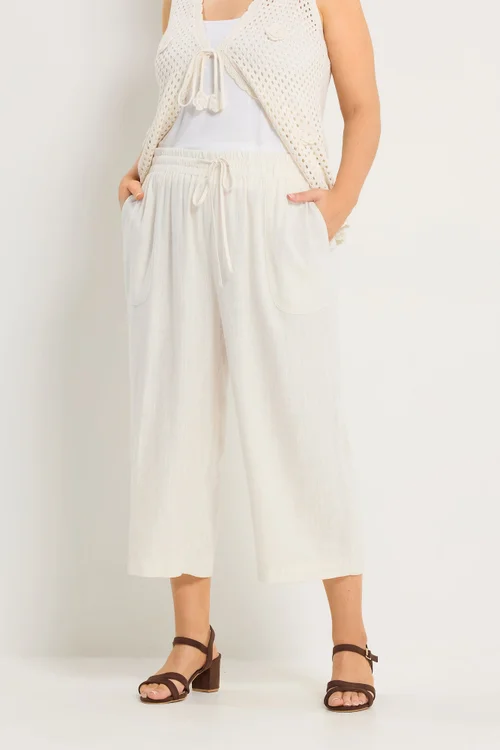 Yours Curve Natural Brown Linen Cropped Trousers - 20 Image 2
