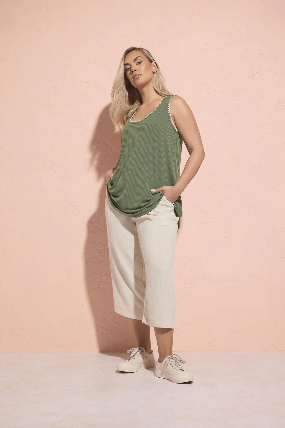 Yours Curve Natural Brown Linen Cropped Trousers - 20 Image 1