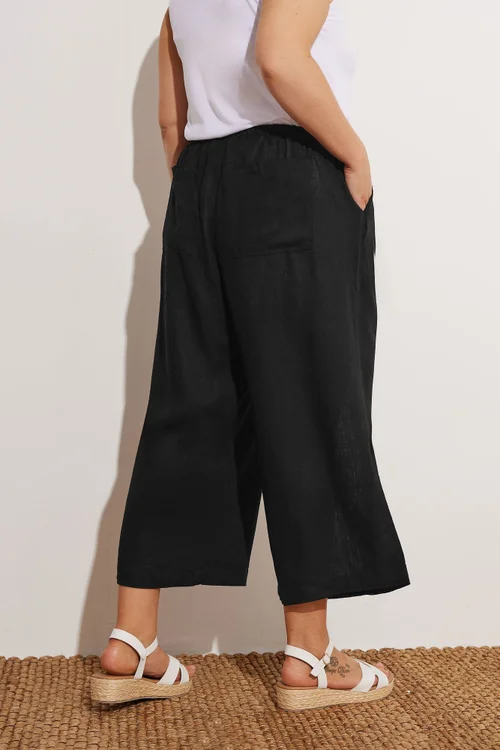 Yours Curve Black Wide Leg Ankle Grazer Linen Trousers - Size 16 Image 4