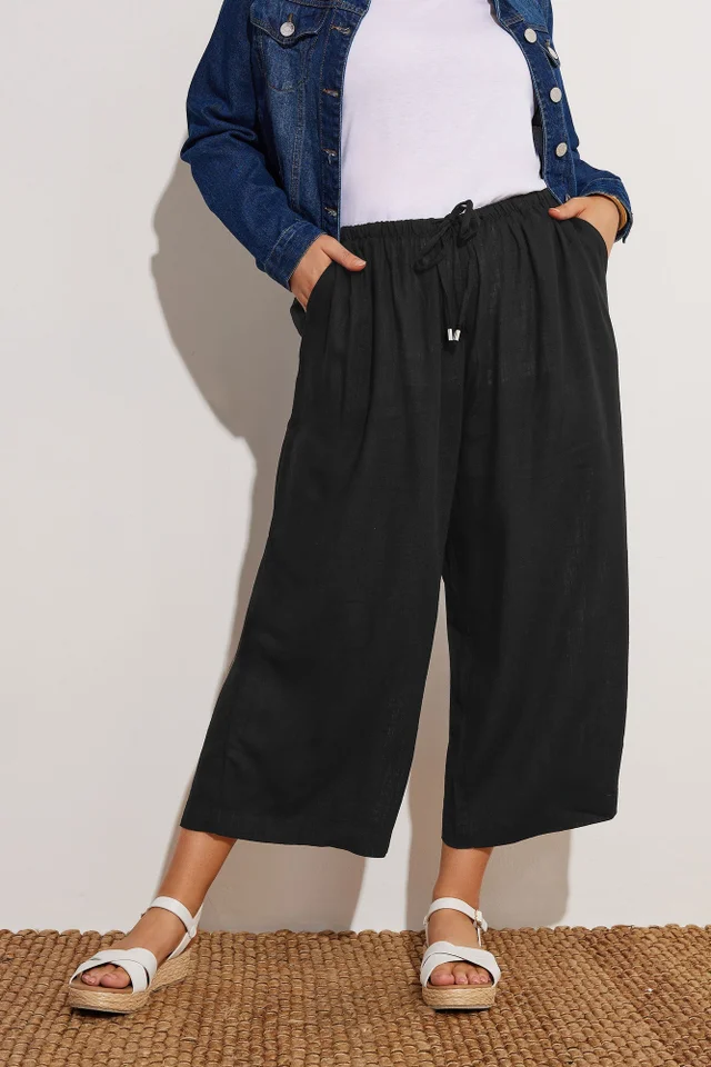 Yours Curve Black Wide Leg Ankle Grazer Linen Trousers