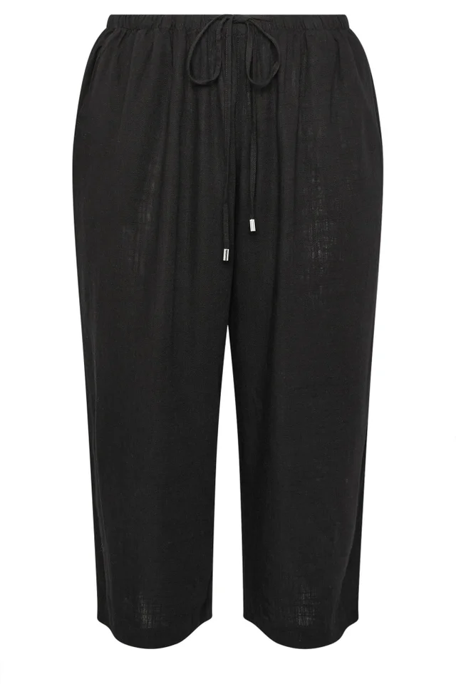 Yours Curve Black Wide Leg Ankle Grazer Linen Trousers