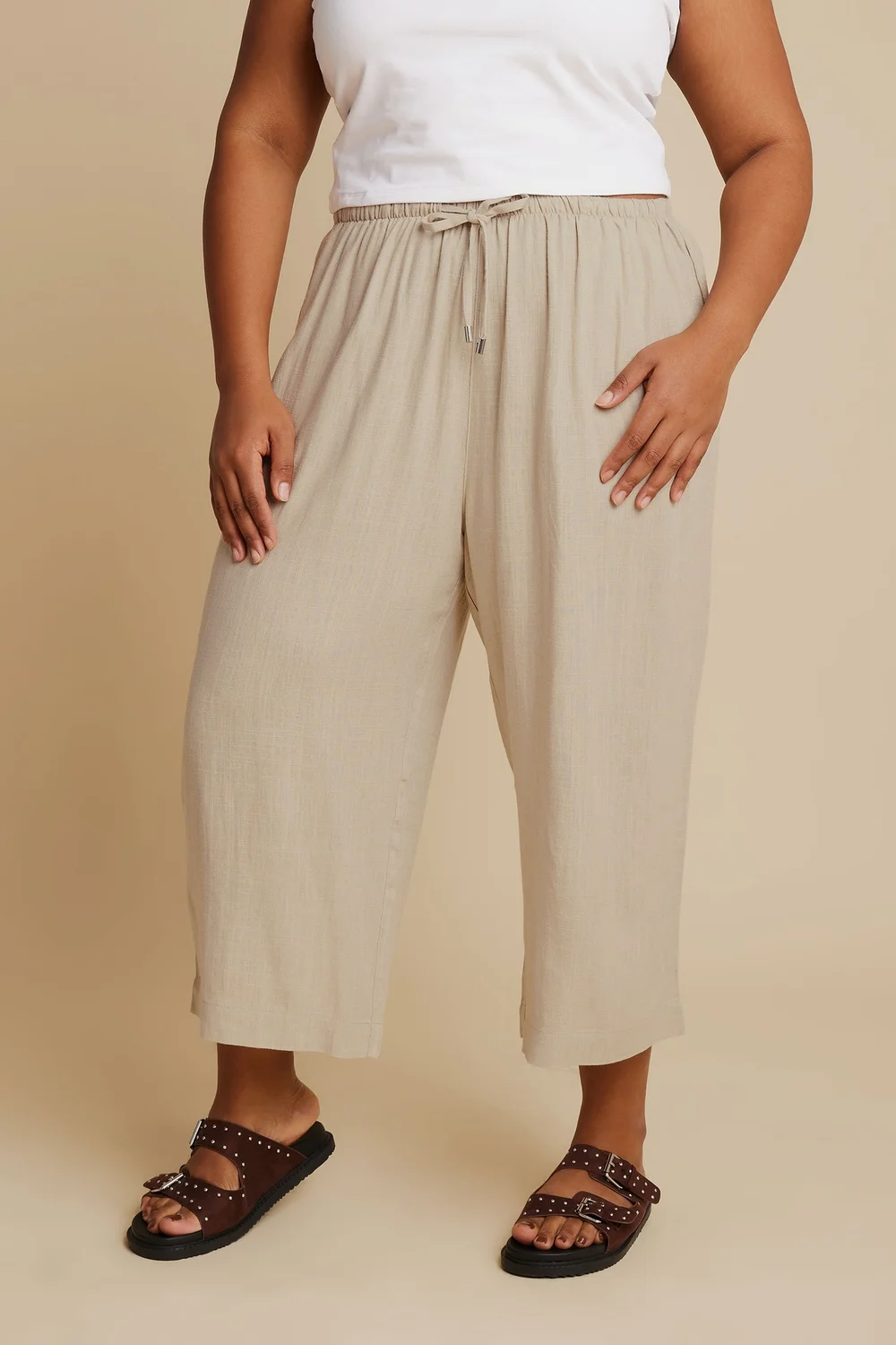 Yours Curve Natural Brown Wide Leg Ankle Grazer Linen Trousers - 30-32 Image 2
