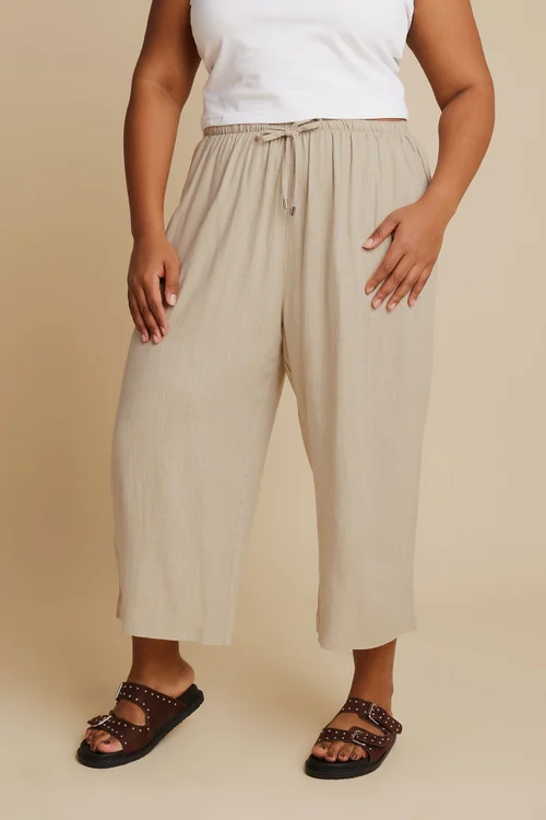 Yours Curve Natural Brown Wide Leg Ankle Grazer Linen Trousers - 30-32 Image 2