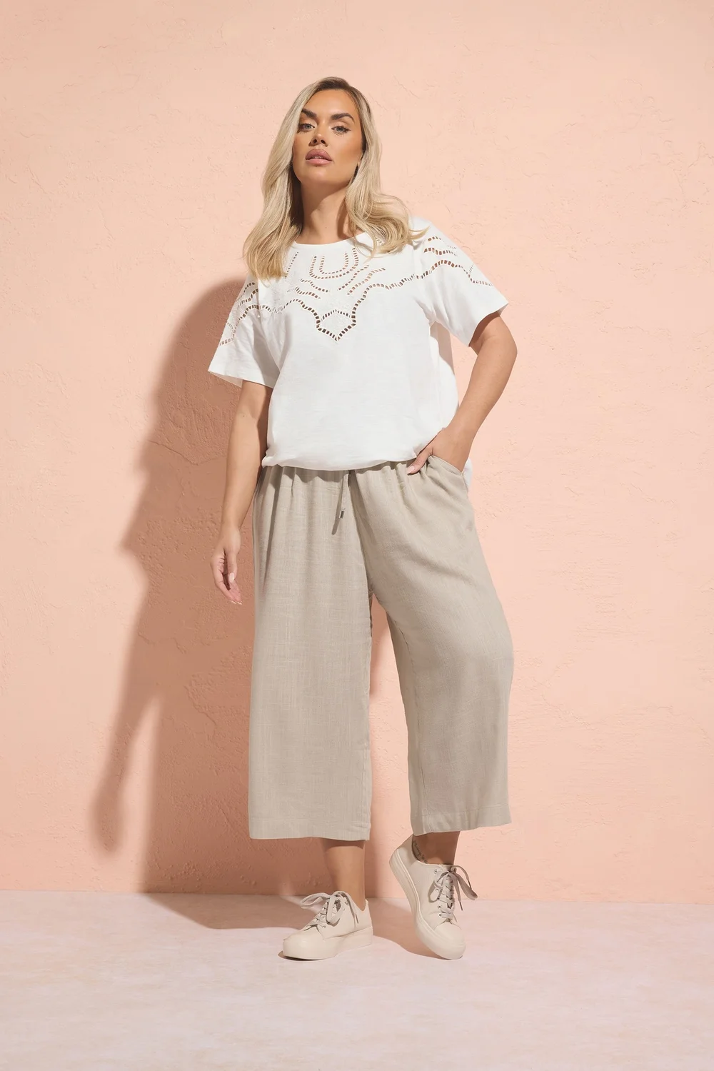 Yours Curve Natural Brown Wide Leg Ankle Grazer Linen Trousers - 30-32 Image 1