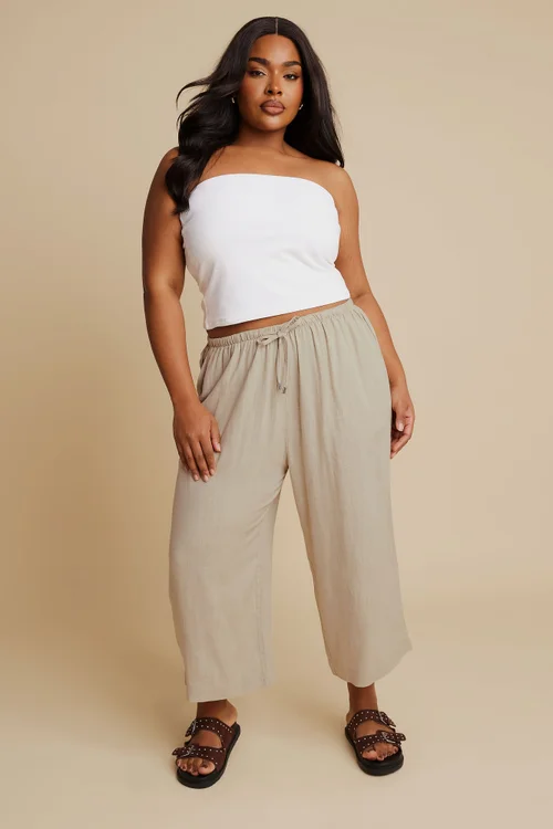 Yours Curve Natural Brown Wide Leg Ankle Grazer Linen Trousers - 30-32 Image 3