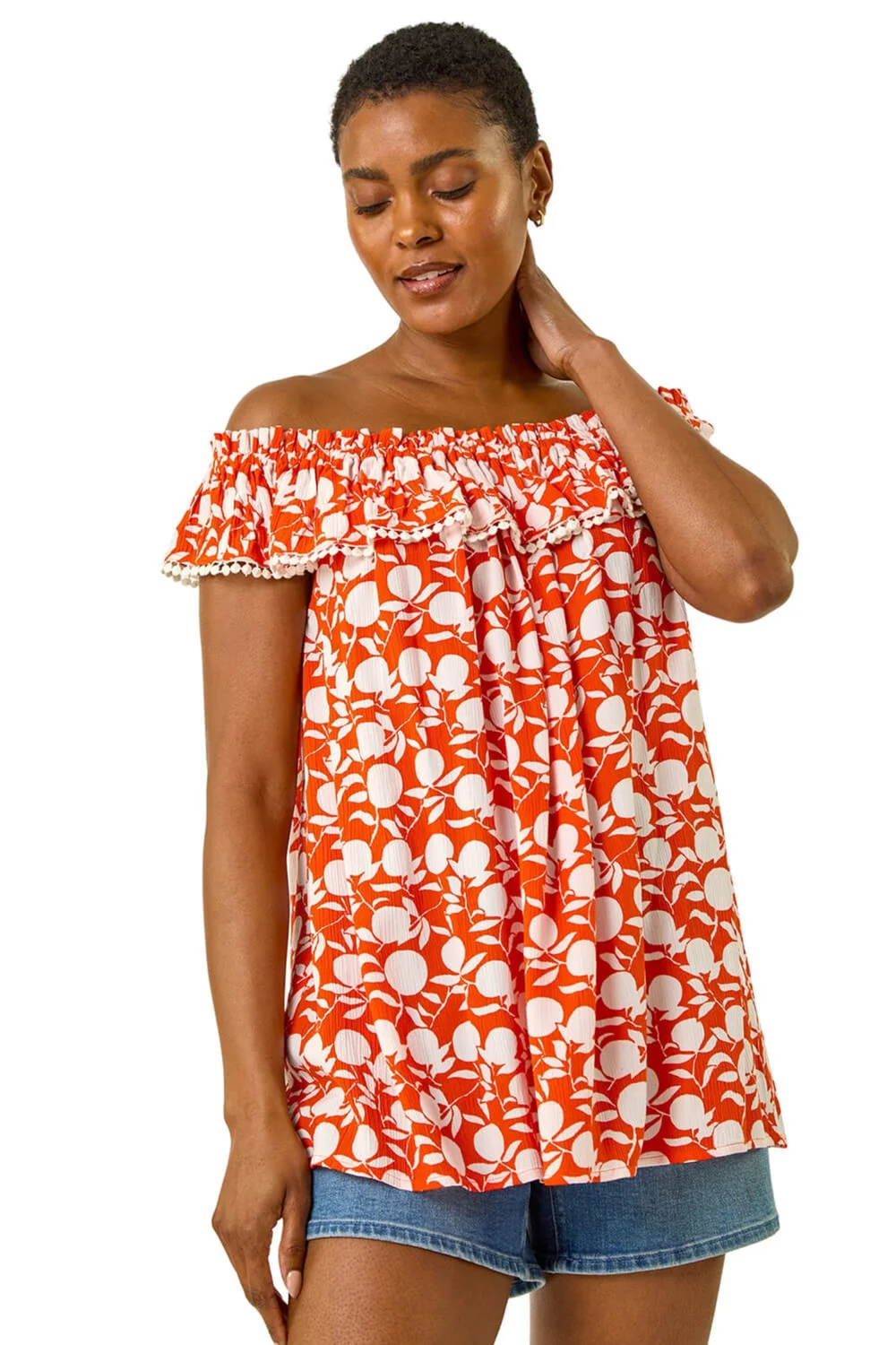 Roman Orange Printed Bardot Trim Detail Top - 16 Image 1