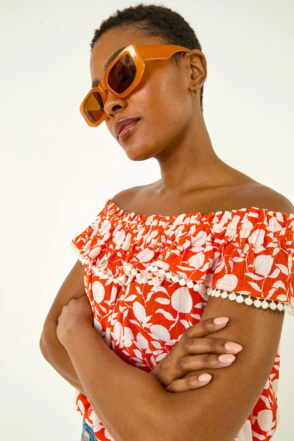 Roman Orange Printed Bardot Trim Detail Top - 16 Image 3