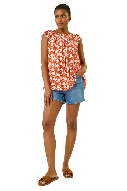 Roman Orange Printed Bardot Trim Detail Top - 16 Image 2