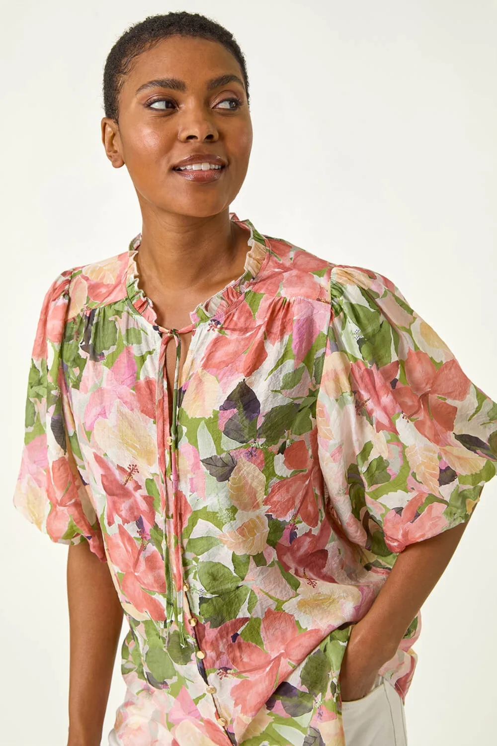 Roman Pink Floral Gathered Blouse - 18 Image 4