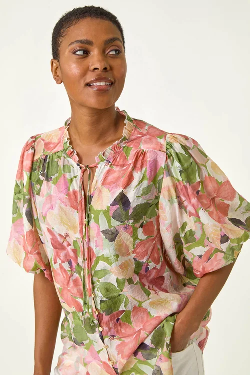Roman Pink Floral Gathered Blouse - 18 Image 4