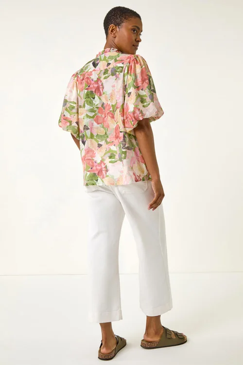 Roman Pink Floral Gathered Blouse - 18 Image 3