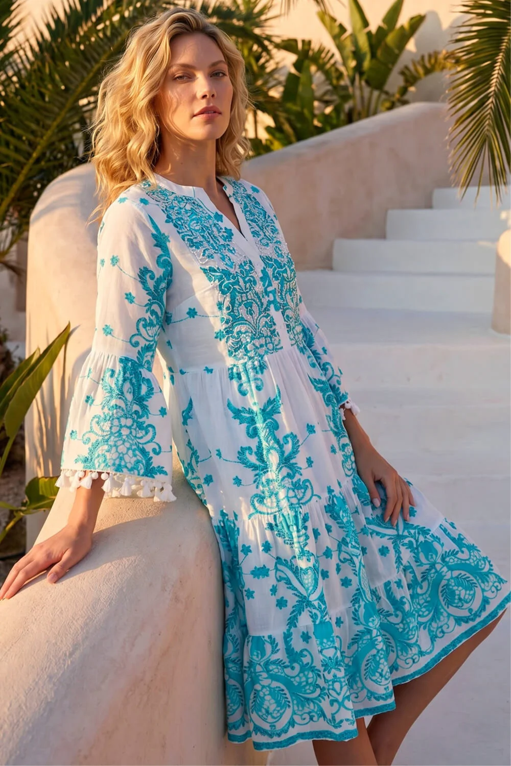 Roman Blue Embroidery Bead Detail Smock Dress - 14 Image 1