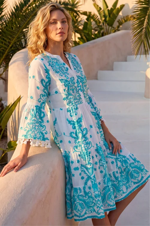 Roman Blue Embroidery Bead Detail Smock Dress - 14 Image 1