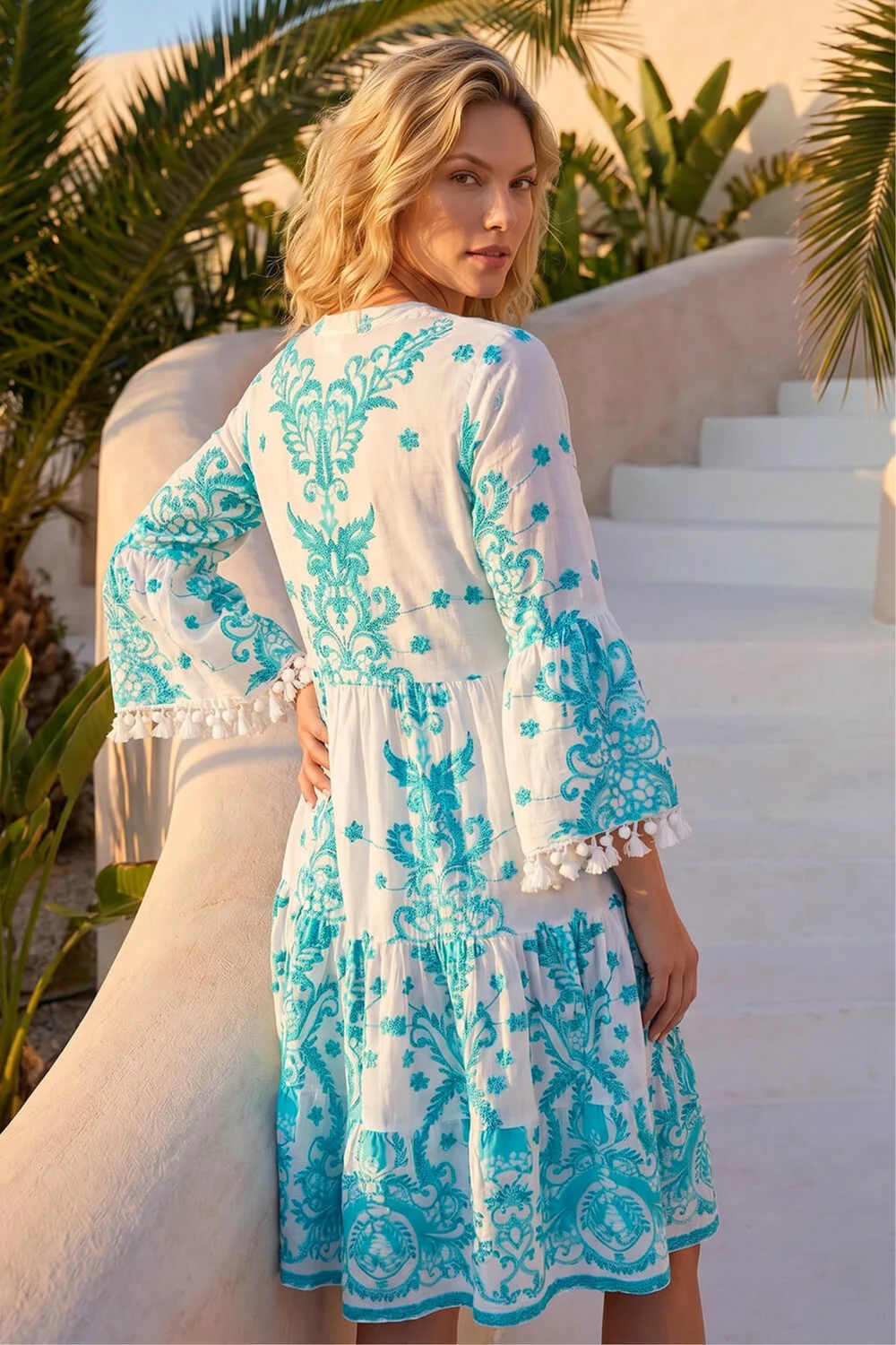 Roman Blue Embroidery Bead Detail Smock Dress - 14 Image 3