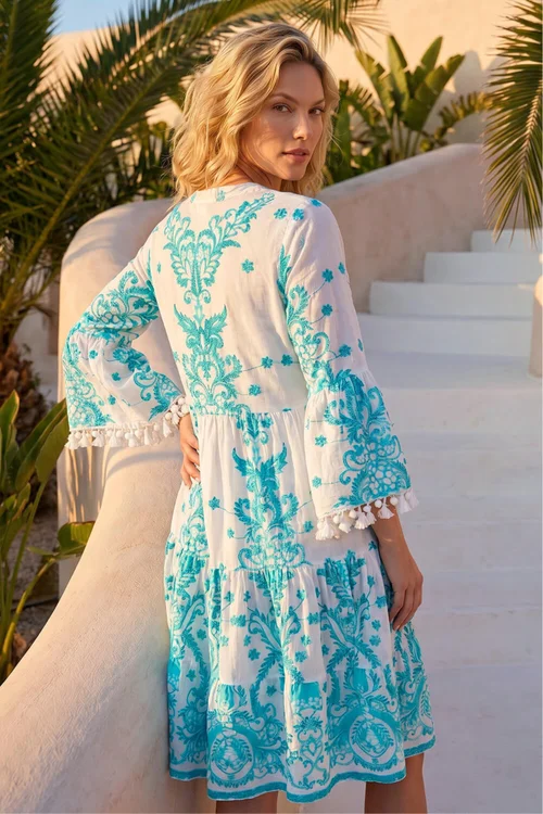 Roman Blue Embroidery Bead Detail Smock Dress - 14 Image 3