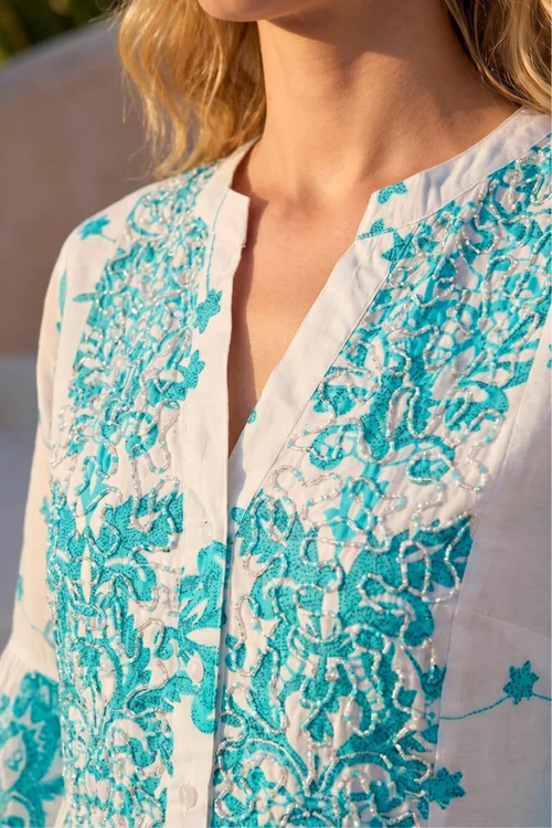 Roman Blue Embroidery Bead Detail Smock Dress - 14 Image 4