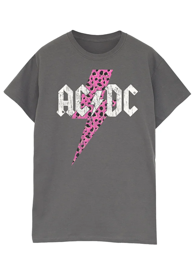 Spiral Galaxy ACDC Leopard Lightning Bolt Charcoal Boyfriend Fit Graphic Music T-Shirt