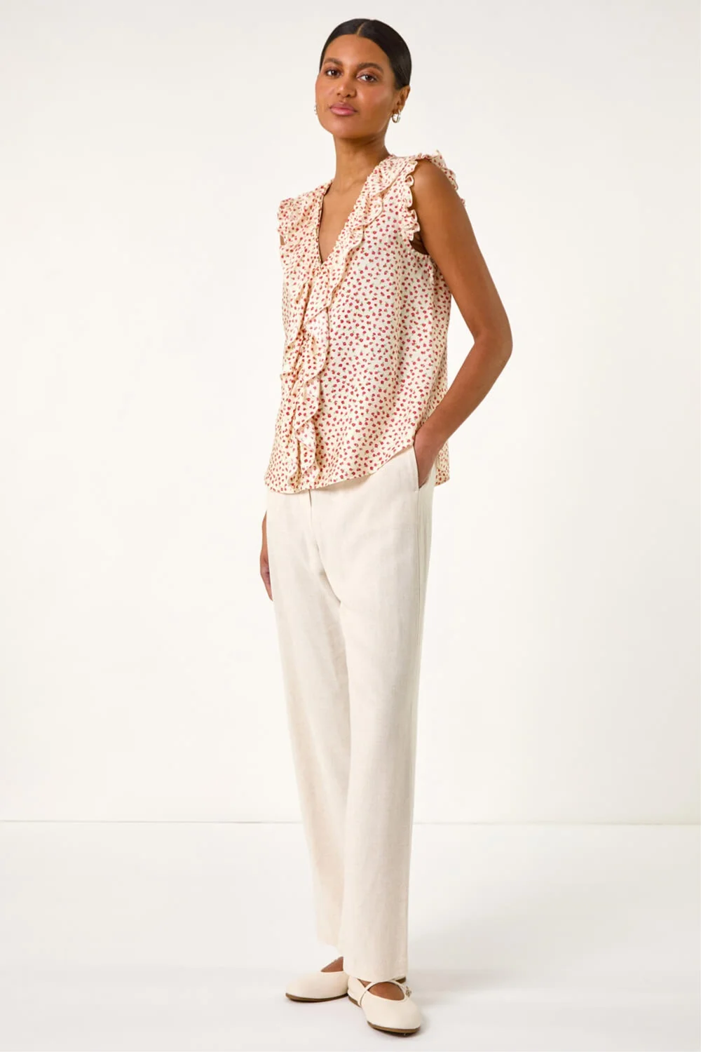 Roman Ivory Floral Print Ruffle Front Top - 18 Image 3