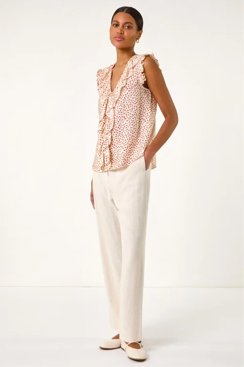 Roman Ivory Floral Print Ruffle Front Top - 18 Image 3