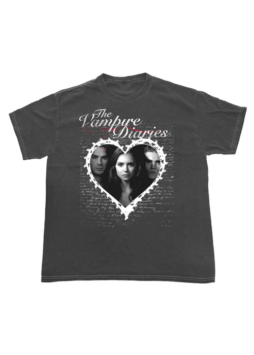 The Vampire Diaries Lace Heart Charcoal Boyfriend Fit Washed Graphic T-Shirt - L Image 1